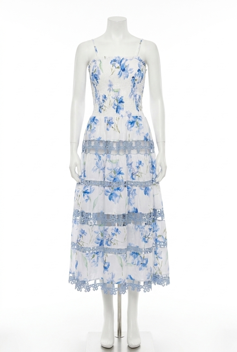 NEW STRUT & BOLT lena eyelet midi dress - bohemian resort wear in blue rose
